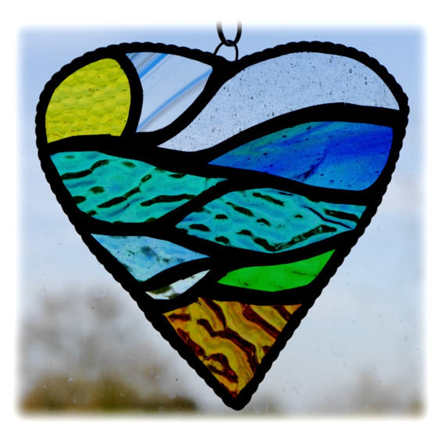 Ocean Fields Heart Stained Glass Suncatcher Handmade Sea View