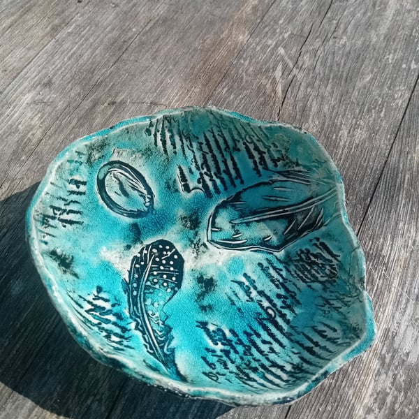 Feather & script cake plate dish ceramic handmade stoneware in turquoise