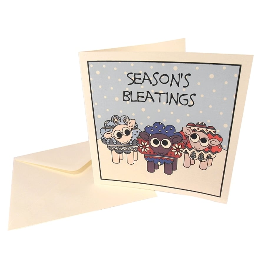 Season's Bleatings Christmas Card - sheep in woolly jumpers.(Seconds Sunday)