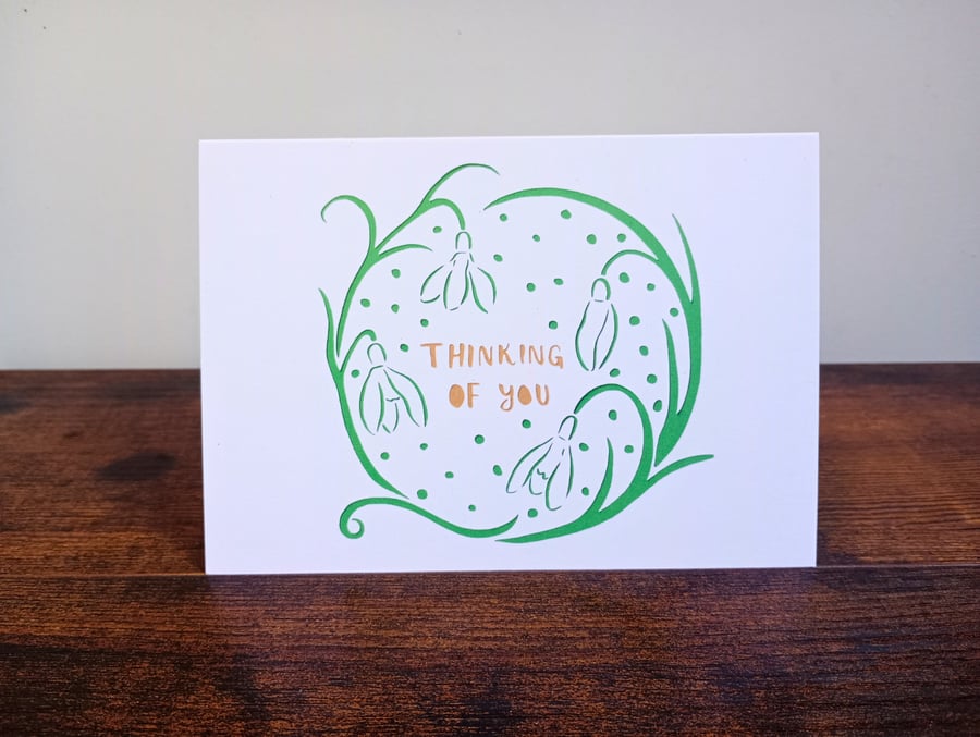 Snowdrops sympathy thinking of  - Eco-Friendly Printed Greeting Card of Papercut