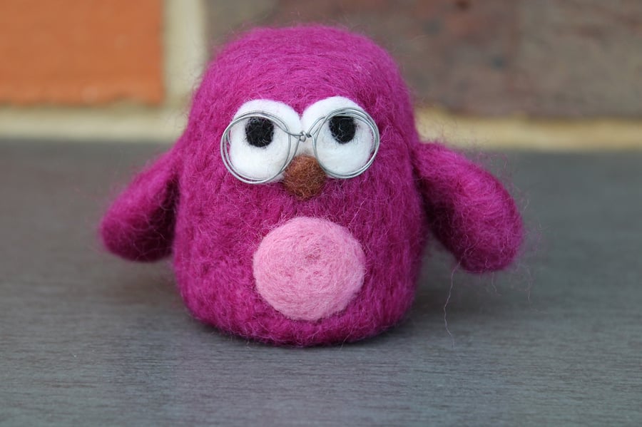 Unique Cute Magenta Needle Felted Owl in Glasses Needle Felted Sculpture