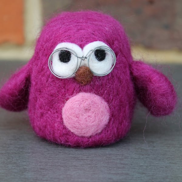 Unique Cute Magenta Needle Felted Owl in Glasses Needle Felted Sculpture