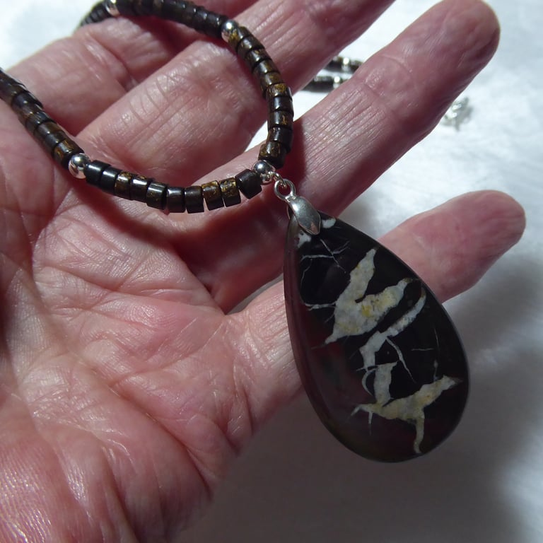 Sterling Silver Necklace with Bronzite Gemstones & Black Septarian Pendant  