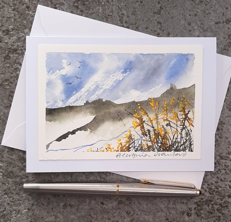 Gorse on The Moor. Original Painting Blank Card. Paper Art. Countryside