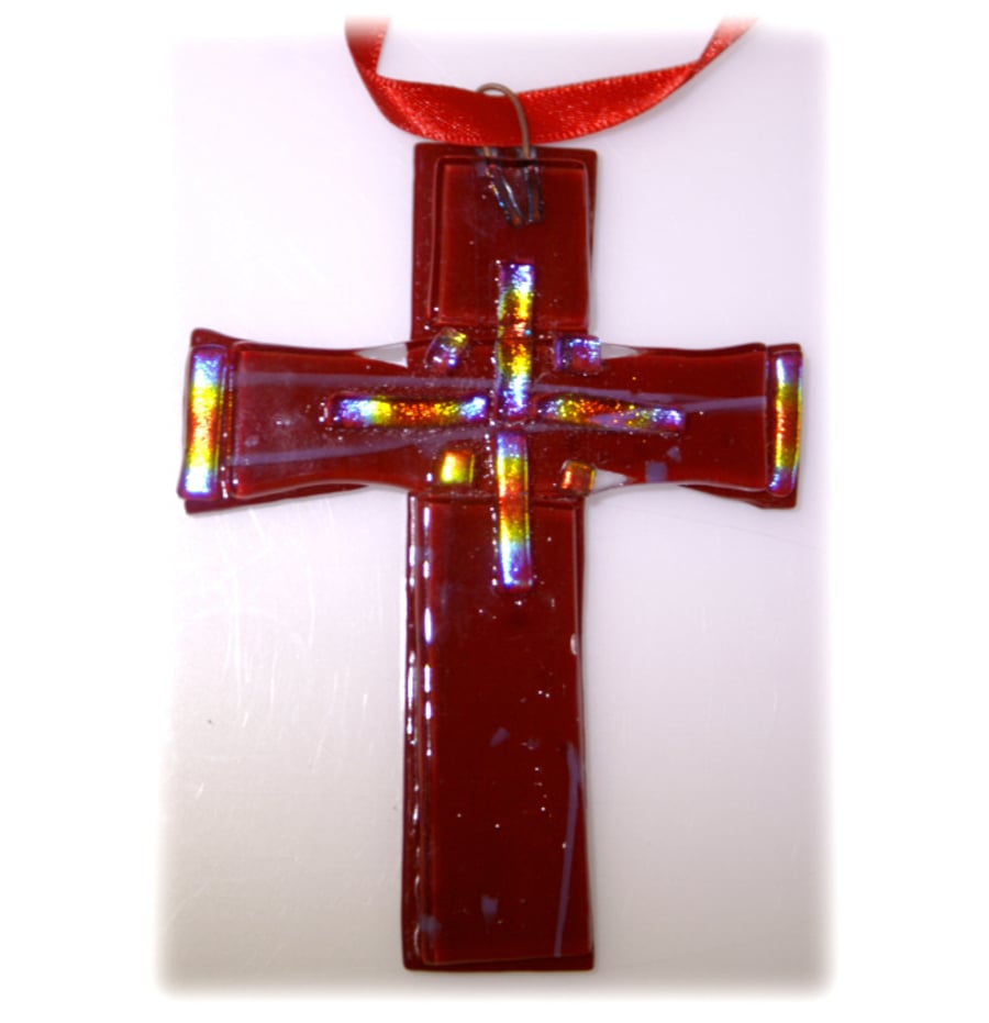 SOLD  Cross Red Fused Glass Suncatcher Hanging Decoration 001 10cm Dichroic
