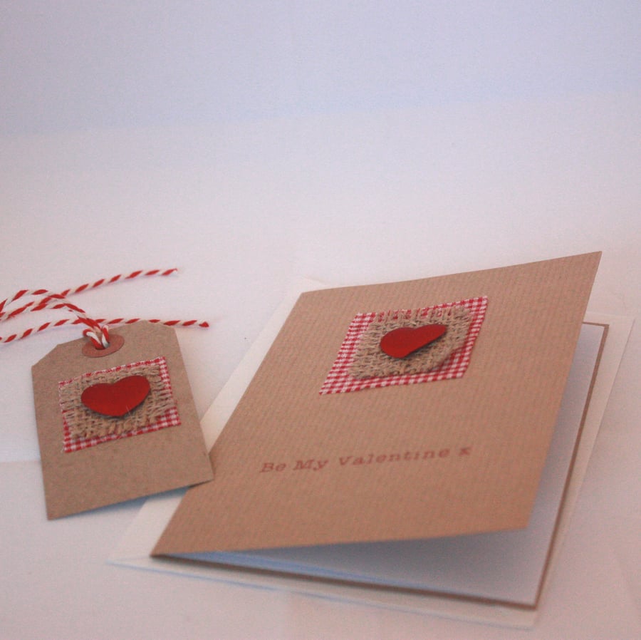 Red heart rustic Valentine's Day card with matching gift tag