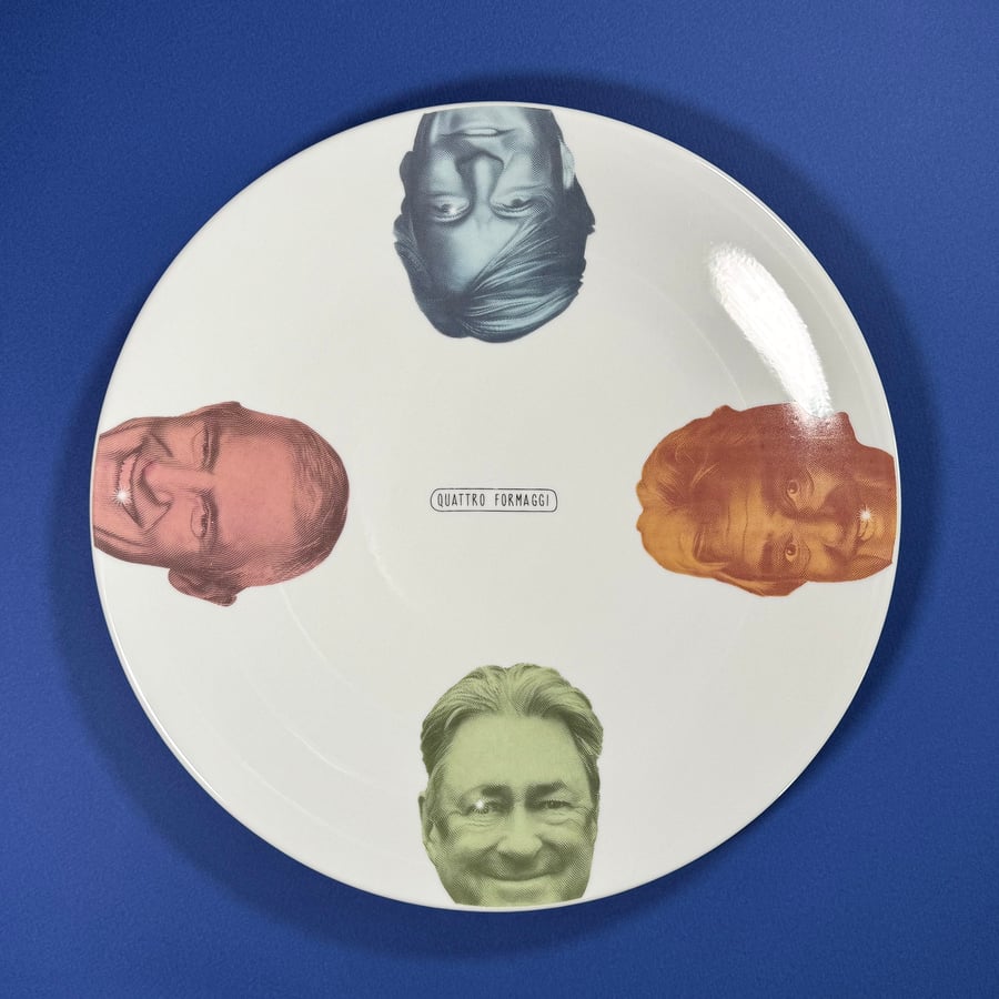 Image of 'Quattro Formaggi' 12" pizza serving plate showing four cheesy celebrities.