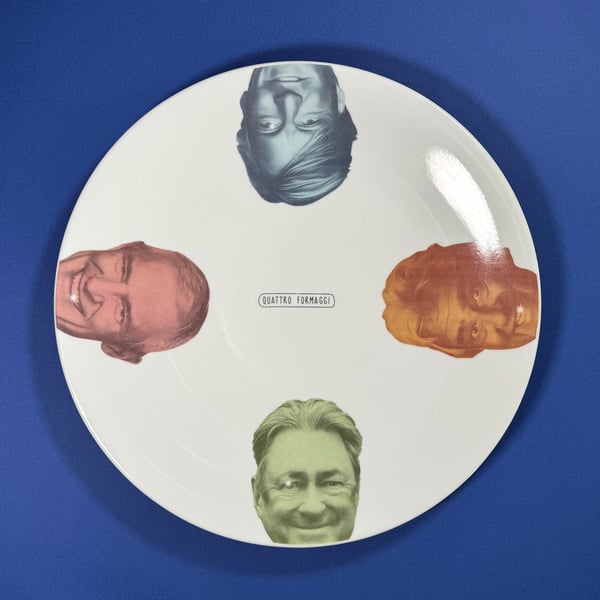 'Quattro Formaggi' 12" pizza serving plate showing four cheesy celebrities.