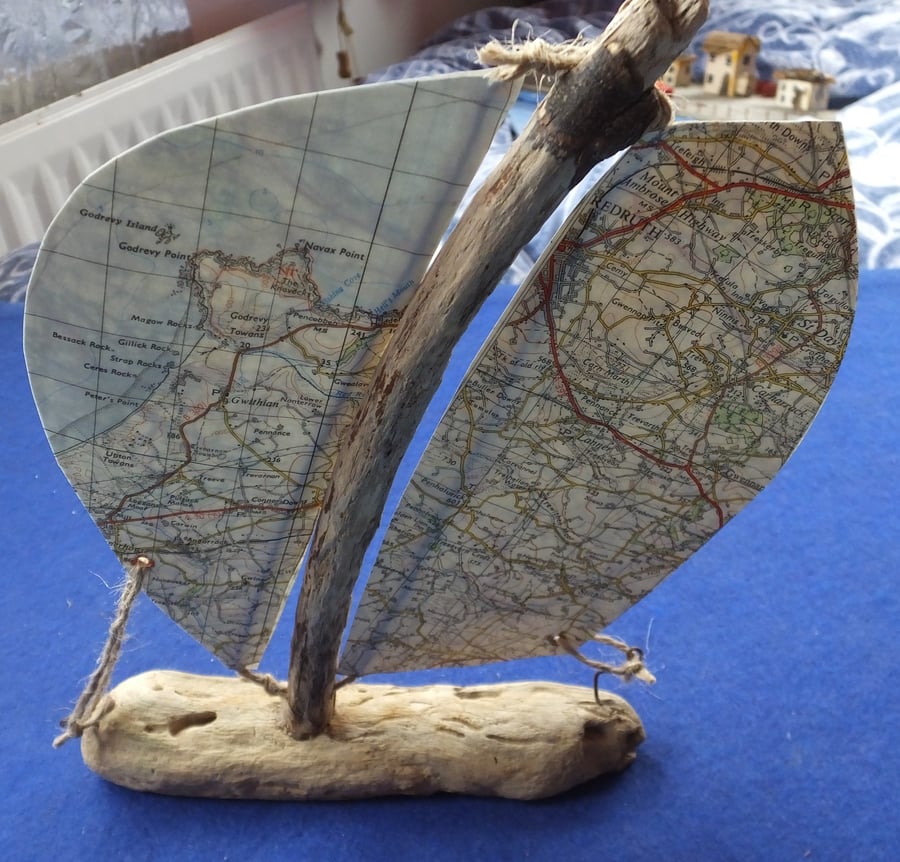 Cornish driftwood sailing ship yacht with ordnance survey map sails decoration