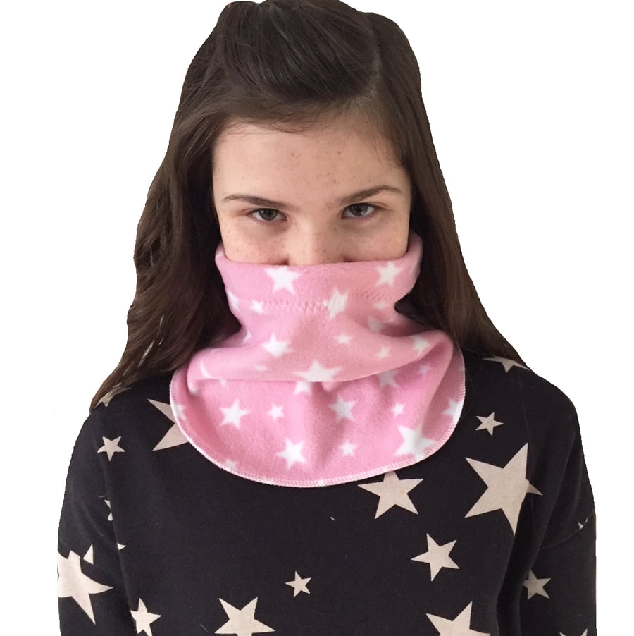 Handmade LIGHT PINK STARS Fleece UNISEX NECK WARMER DUDE SNOOD Kids SCARF