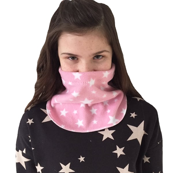 Handmade LIGHT PINK STARS Fleece UNISEX NECK WARMER DUDE SNOOD Kids SCARF