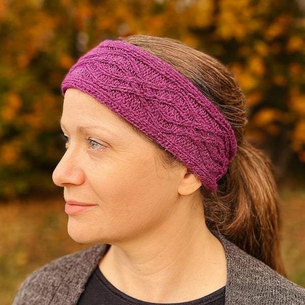 Hand knitted ladies magenta headband ear warmer with double diamond pattern 