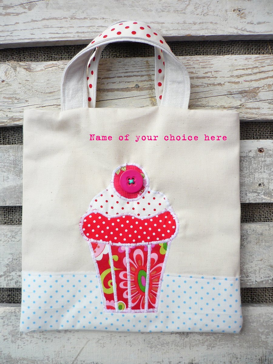  Personalised Book Bag SHOPPER TOTE  Applique Cupcake Red Spotty 