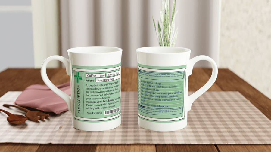 Joke porcelain coffee prescription mug and coaster. Gift for medical profession