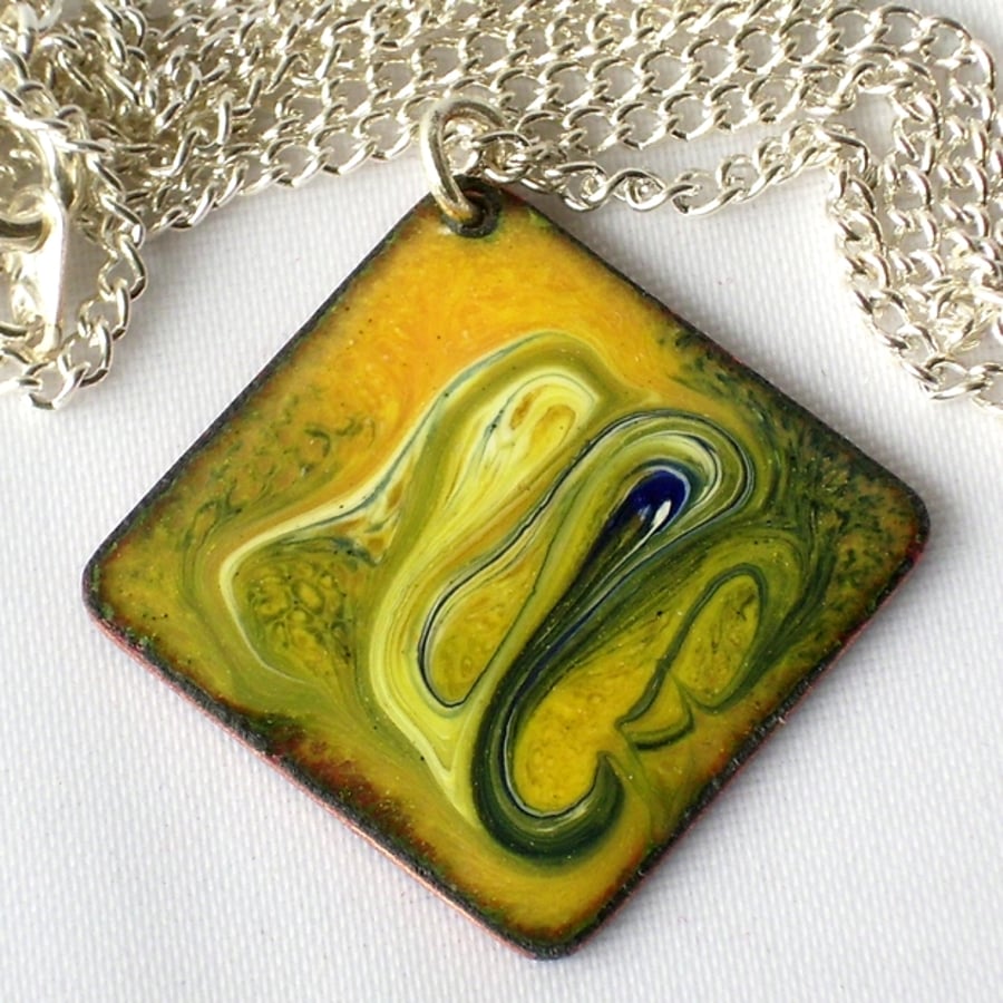 pendant - square: scrolled blue and white on yellow over clear enamel