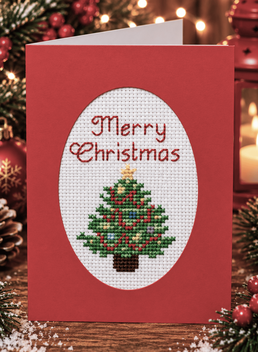Handmade Cross Stitch Christmas Card – Decorated Christmas Tree – 6 x 4 Inch