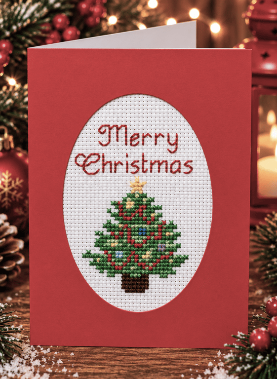 Handmade Cross Stitch Christmas Card – Decorated Christmas Tree – 6 x 4 Inch