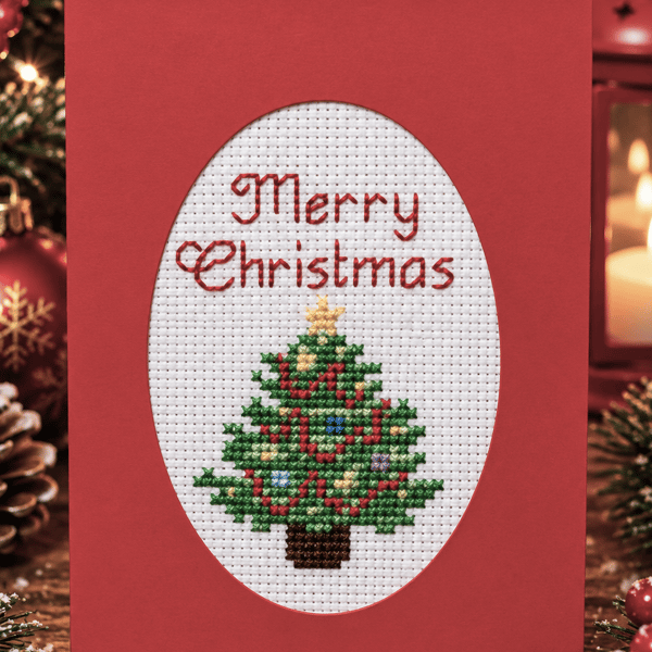 Handmade Cross Stitch Christmas Card – Decorated Christmas Tree – 6 x 4 Inch