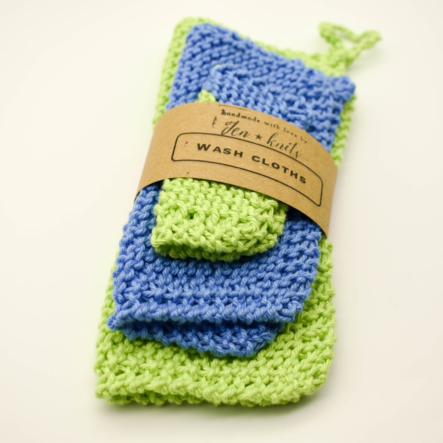 Hand knitted cotton wash cloths - 3 pack - S, M & L- Blue and Green