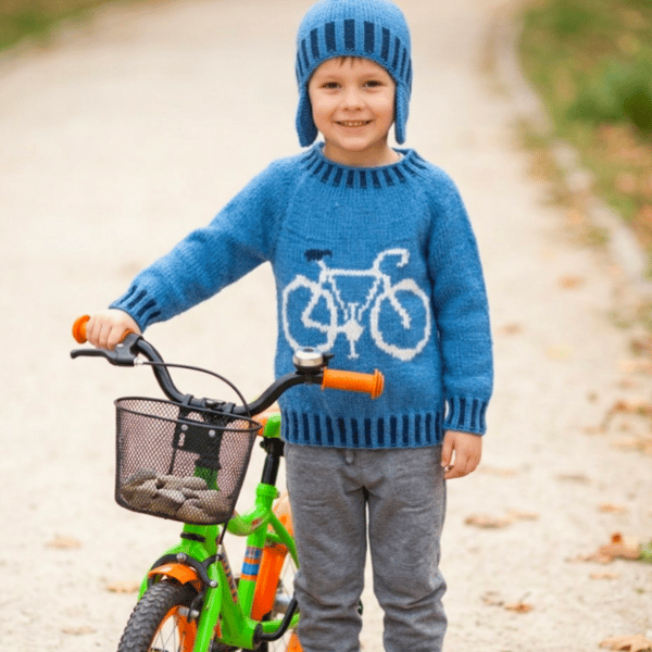 Children's knitting pattern with Bike, Bike Sweater and Hat Digital Pattern