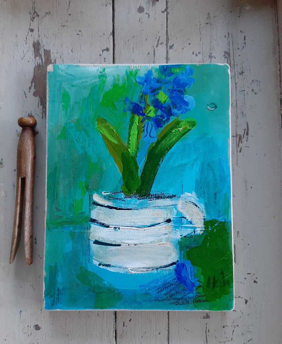 Blue hyacinth painting on reclaimed wood