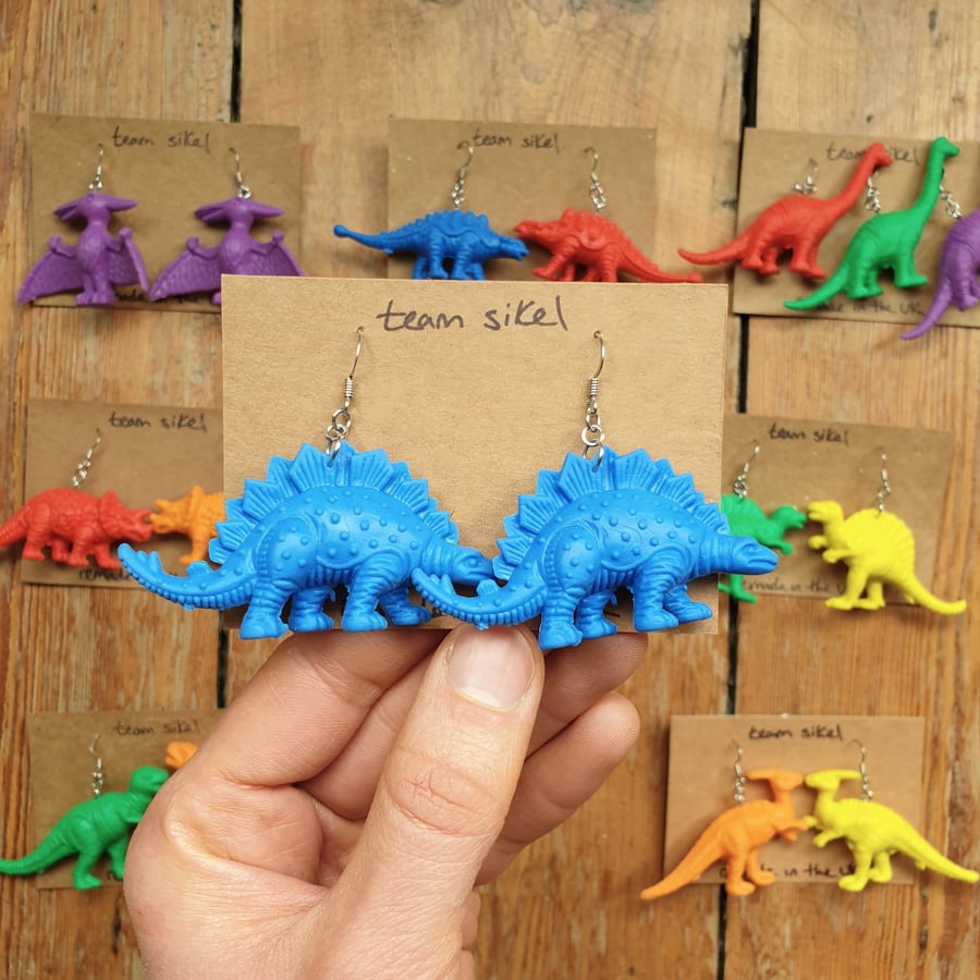 Blue Stegosaurus Soft Plastic Dinosaur Earrings - Upcycled from Toys