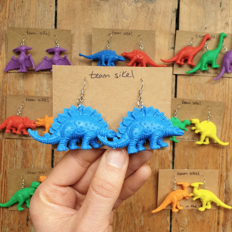Blue Stegosaurus Soft Plastic Dinosaur Earrings - Upcycled from Toys