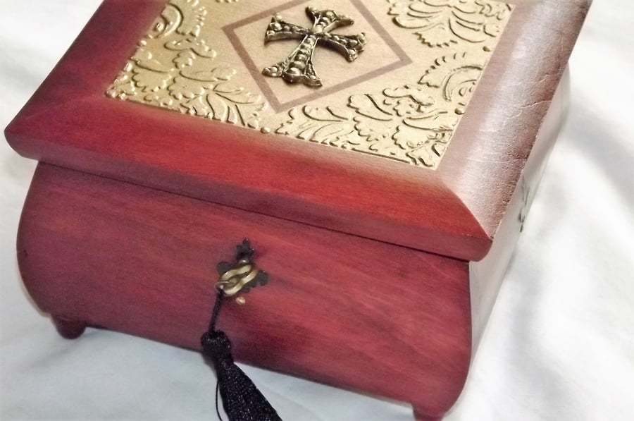 LOCKABLE wood Box.CRUCIFIX Fleur De Lis. Unique Handmade Box. Half Mortise Lock