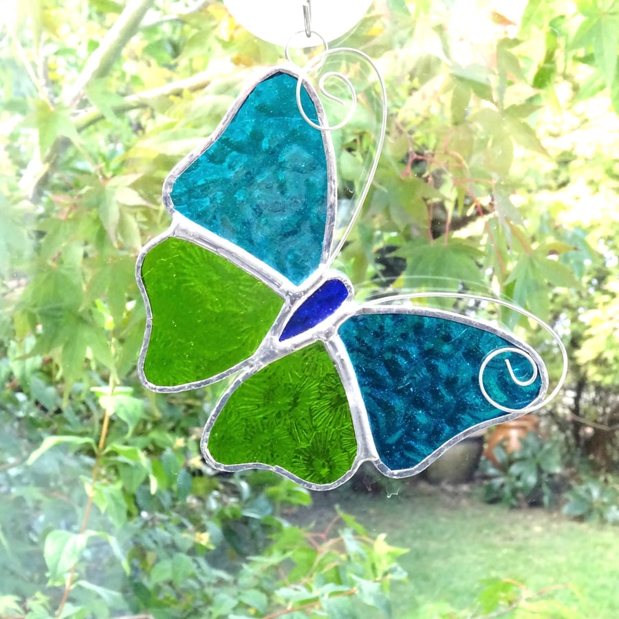 Stained Glass Butterfly Suncatcher - Handmade Decoration - Turquoise and Lime   