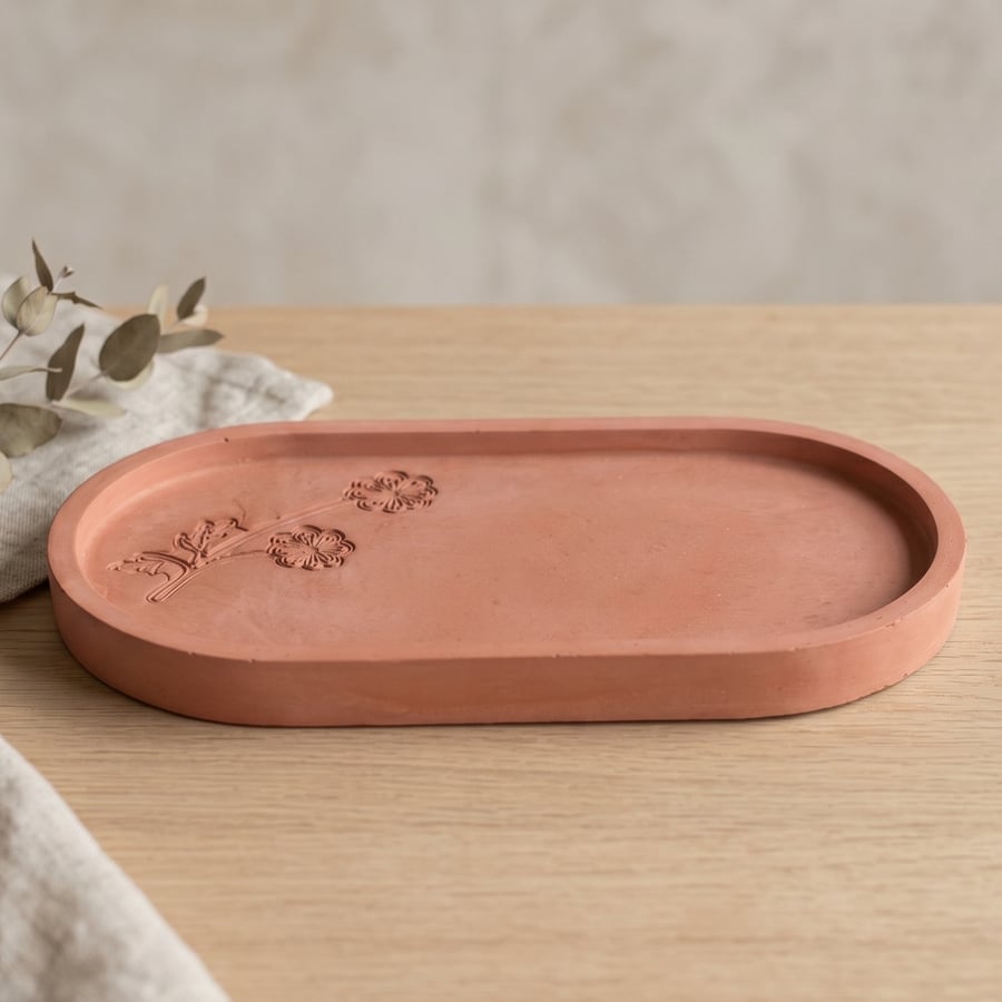 Light Terracotta Oval Jewellery and Trinket Tray with Floral Design