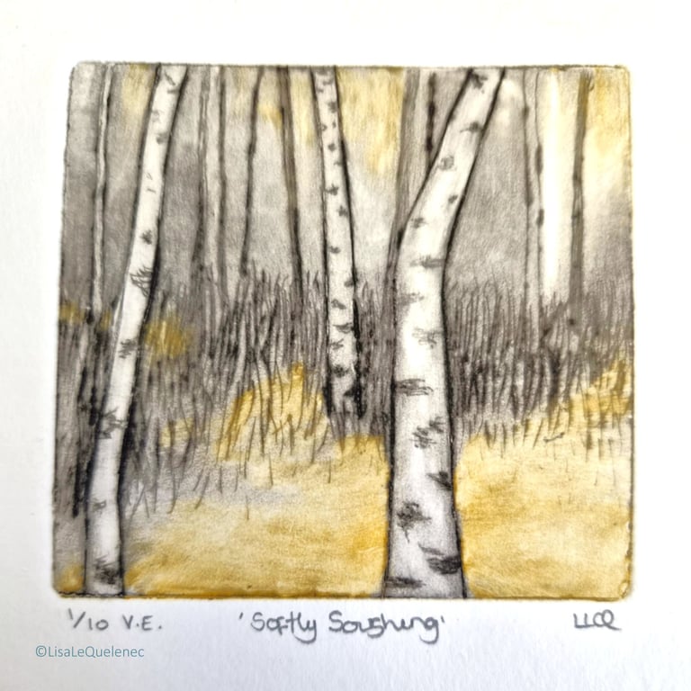 Autumn birch trees Softly Soughing no.1 limited edition dry point mini print