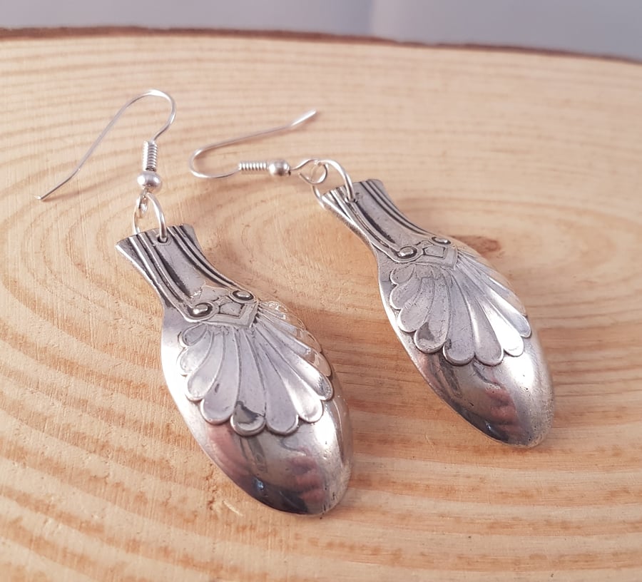 Silver Plated Upcycled Shell Spoon Sugar Tong Drop Dangle Earrings SPE041712