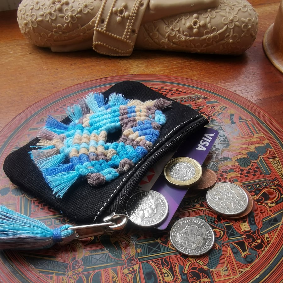 Purse, Macrame Card, Coin Wallet - Black & Blue