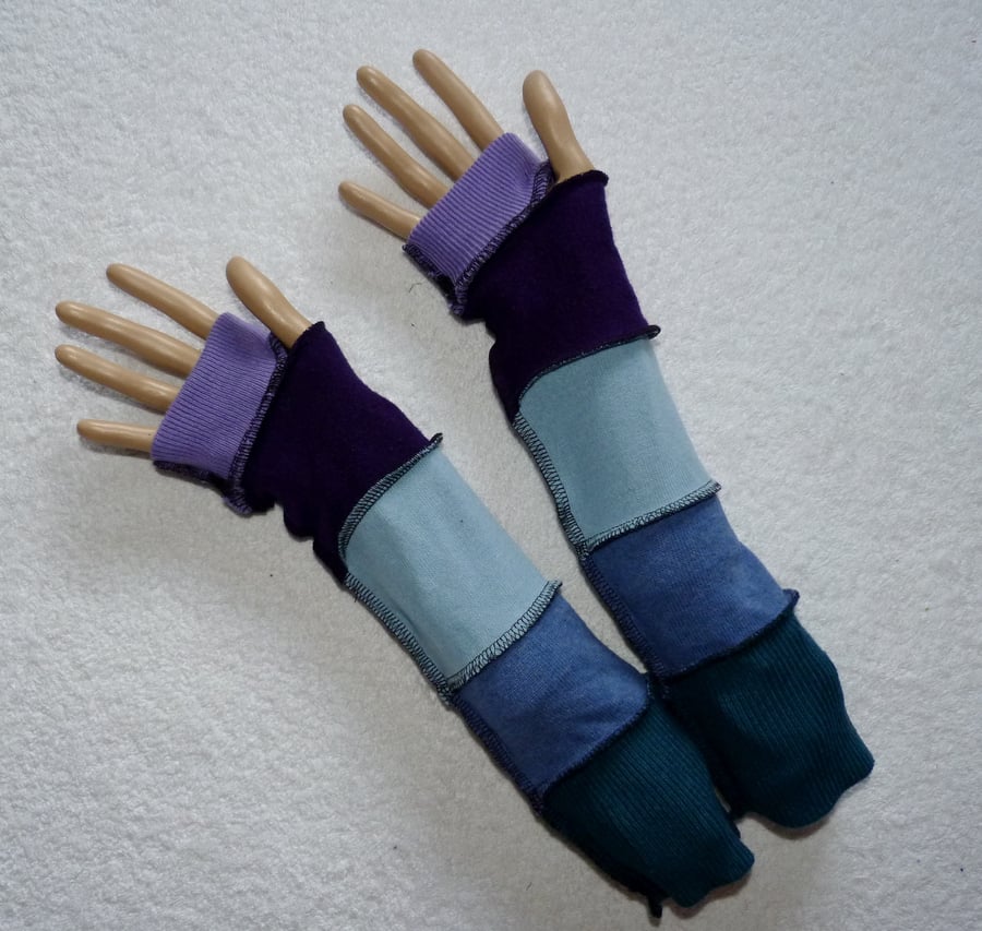 Upcycled Sweater Fingerless Gloves In Lilac Blue and Purple.  Mixed Fibres