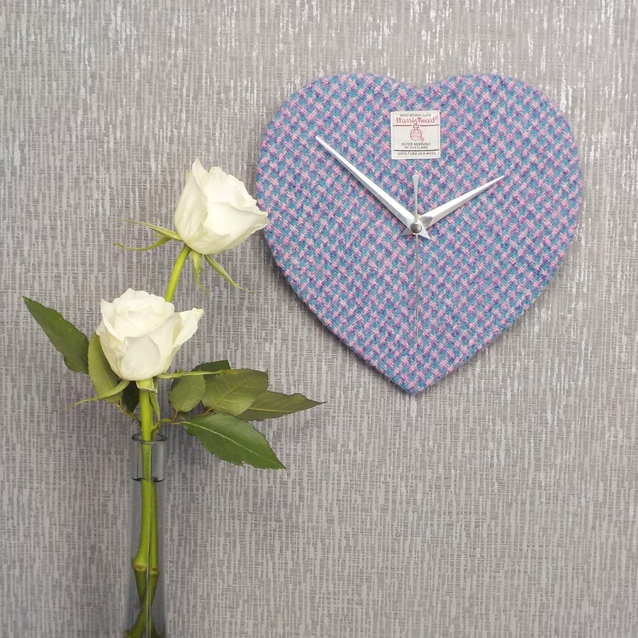 Harris tweed heart shaped clock pale pink and blue wedding gift