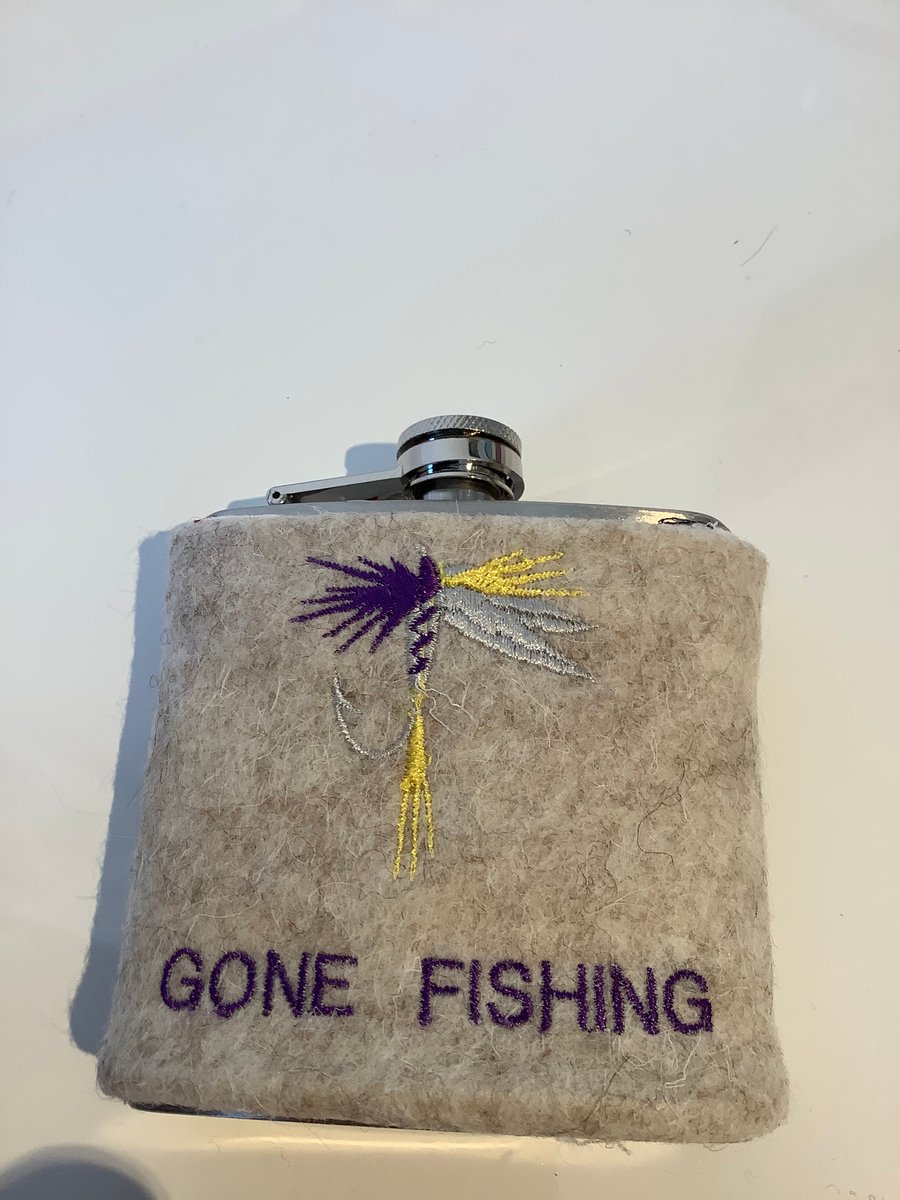 Beige  6oz Hip flask with embroidered Gone fishing , Father’s Day gift,