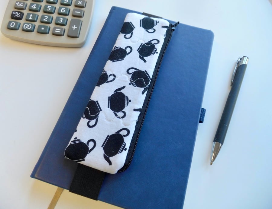 Elasticated pencil case for cover of notebook black and white teapots fabric