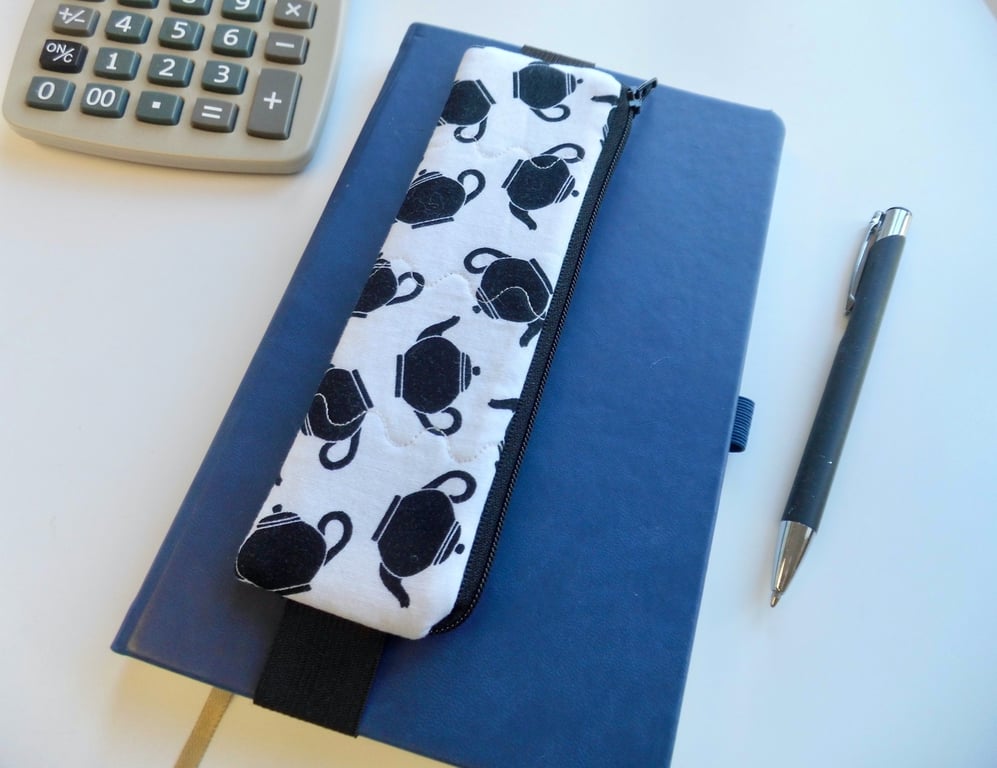 Elasticated pencil case for cover of notebook black and white teapots fabric