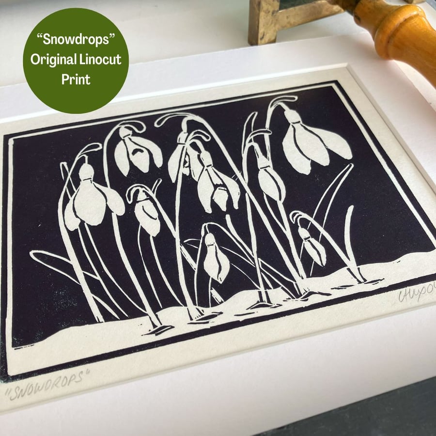 Lino Print - "Snowdrops"