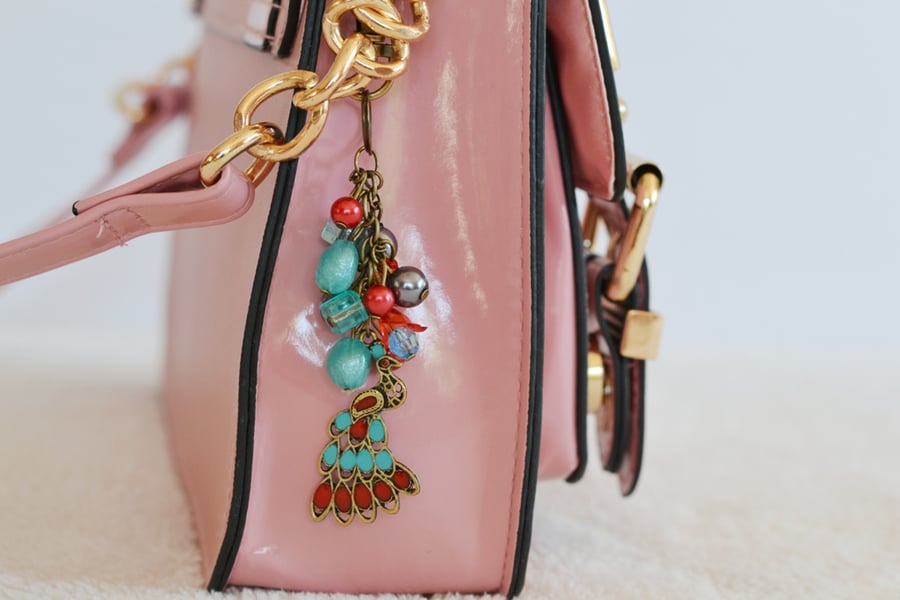 Hand Bag Charm Peacock Gold Colour with Turquoise, Red and Dark Silver Beads