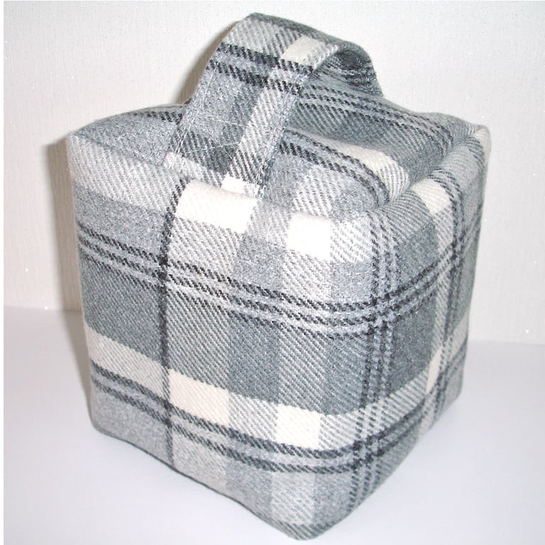 Door Stop Grey Tartan Doorstop Unfilled Wool Feel Fabric Plaid Check