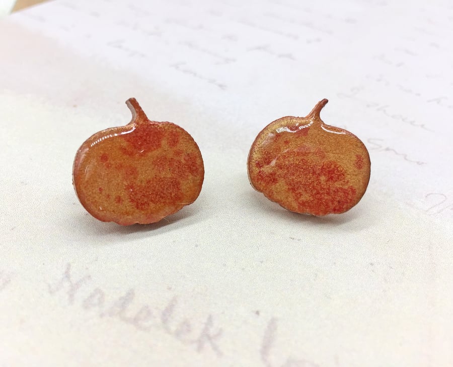 Mini orange wooden pumpkin stud earrings Autumn Halloween