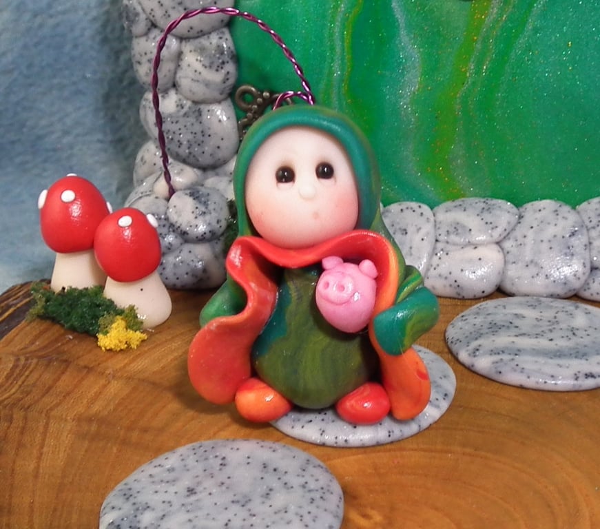 Tiny Garden Gnome 'Rich' with piglet OOAK Sculpt Ann Galvin