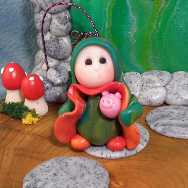 Tiny Garden Gnome 'Rich' with piglet OOAK Sculpt Ann Galvin