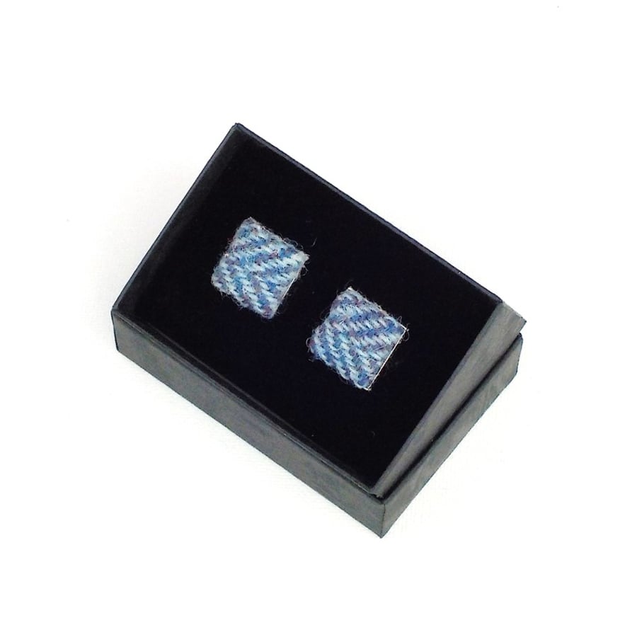 Harris tweed cufflinks blue herringbone on silver-plated square base