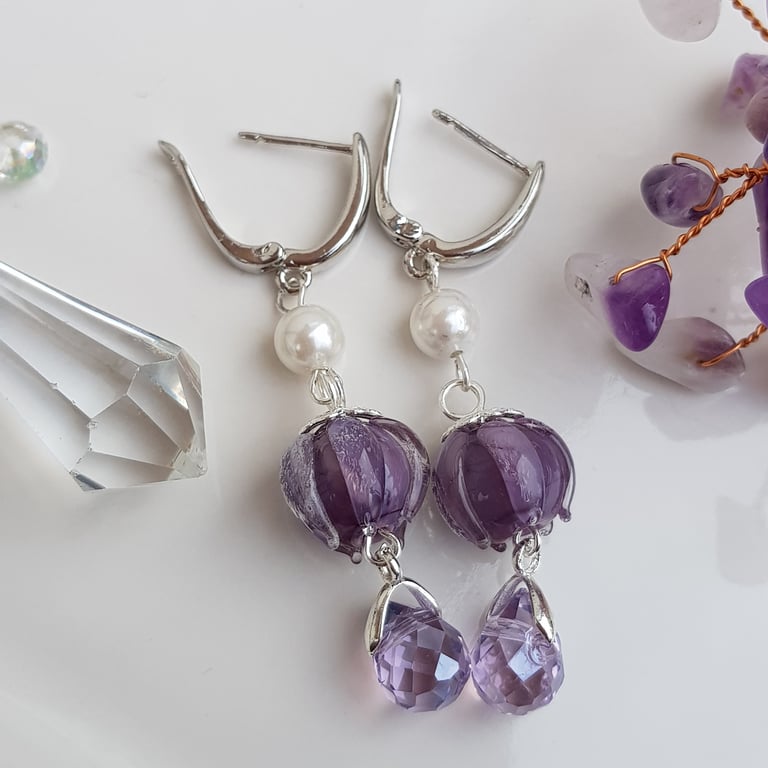 Lampwork glass flower, pearl and  austrian glass crystal drop earrings