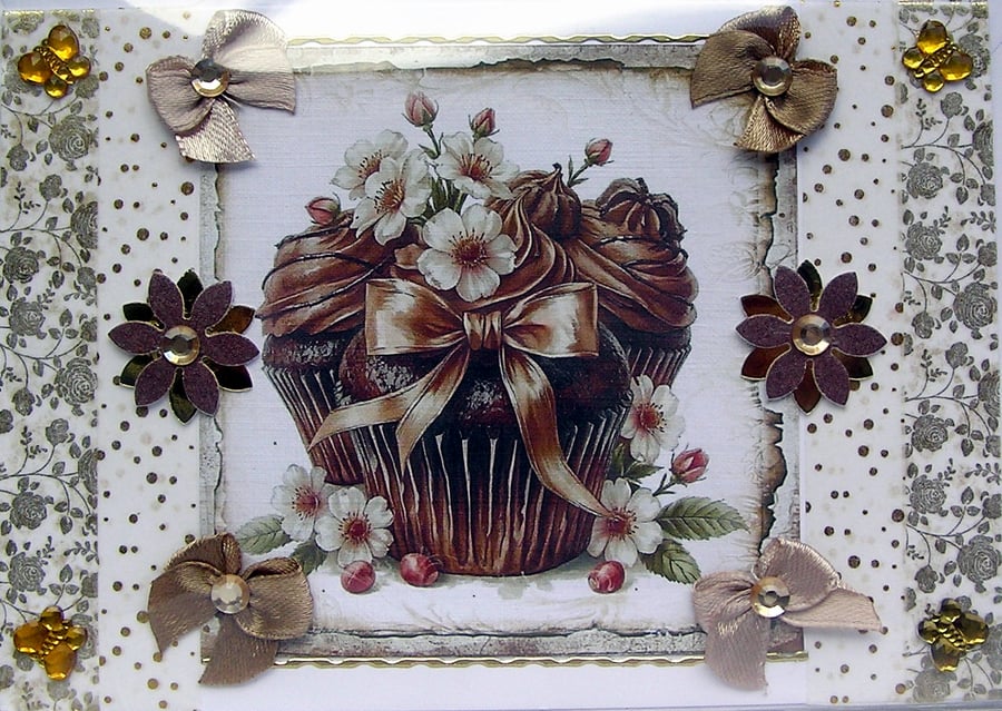 Chocolate Toffee Cupcake - Hand Crafted Decoupage Greeting Card - Blank 2899