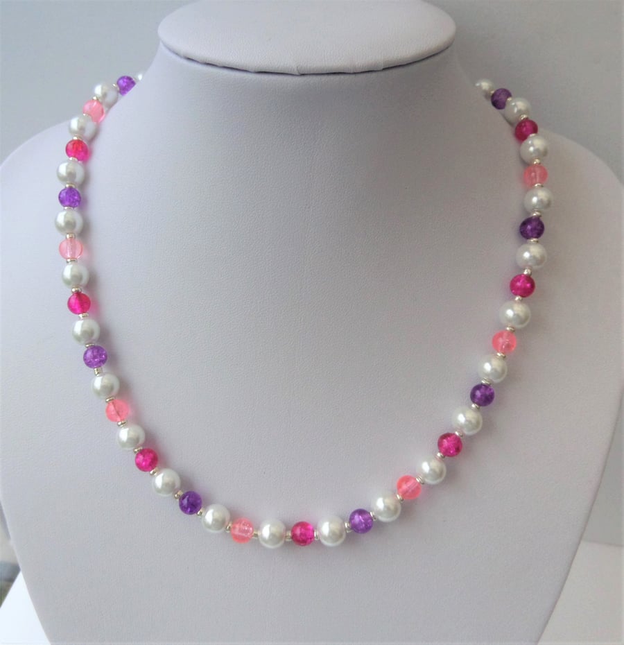 White pearl and dark and light pink and purple crackle bead necklace