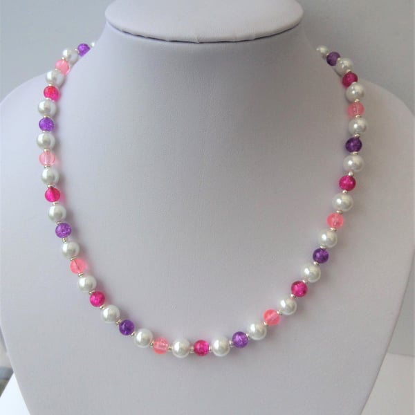 White pearl and dark and light pink and purple crackle bead necklace