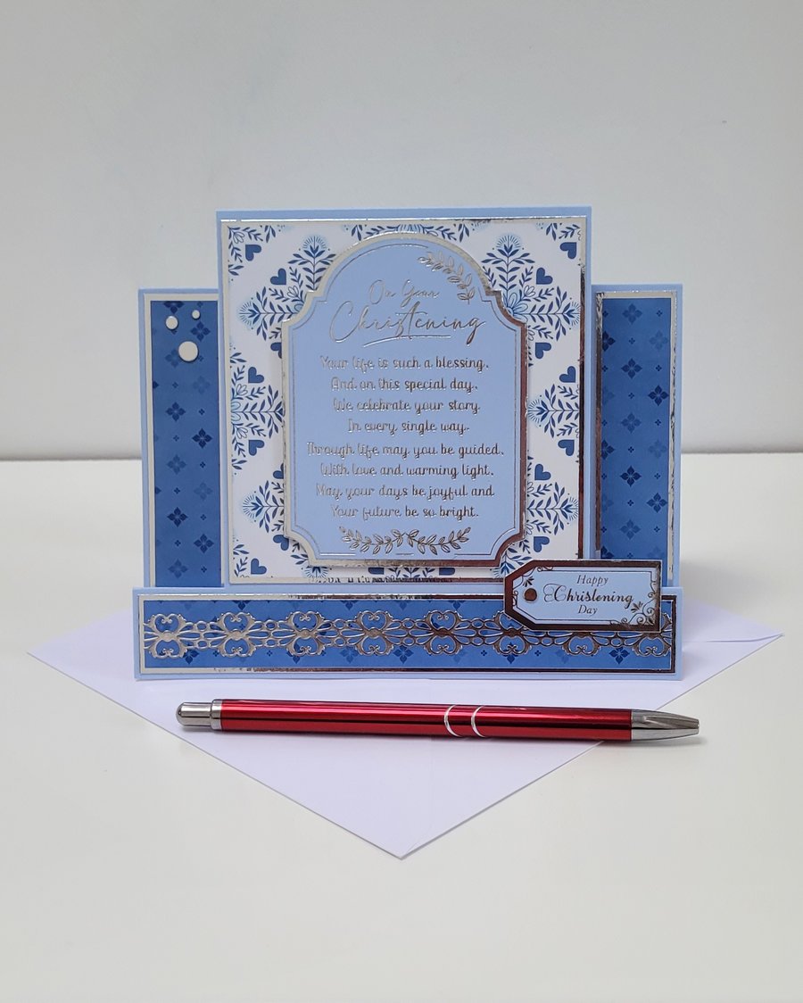 Christening Card - Handmade Blue Baptism Card - Religious Keepsake Card